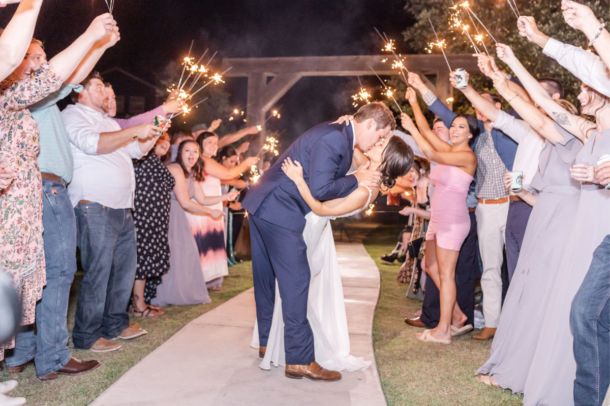 Bride and Groom kissing during sparkler send off with Texas Wedding Ministers