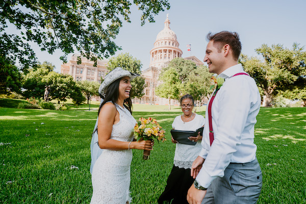Jean Marie Texas Wedding Ministers officiant in front of Austin Texas Capitol